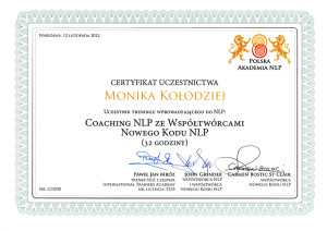 Certyfikat uczestnictwa Coaching NLP